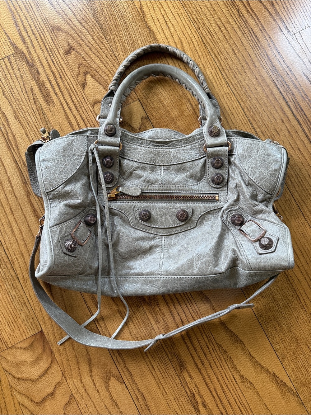 Balenciaga Light Gray Textured Leather Satchel with Shoulder Strap
